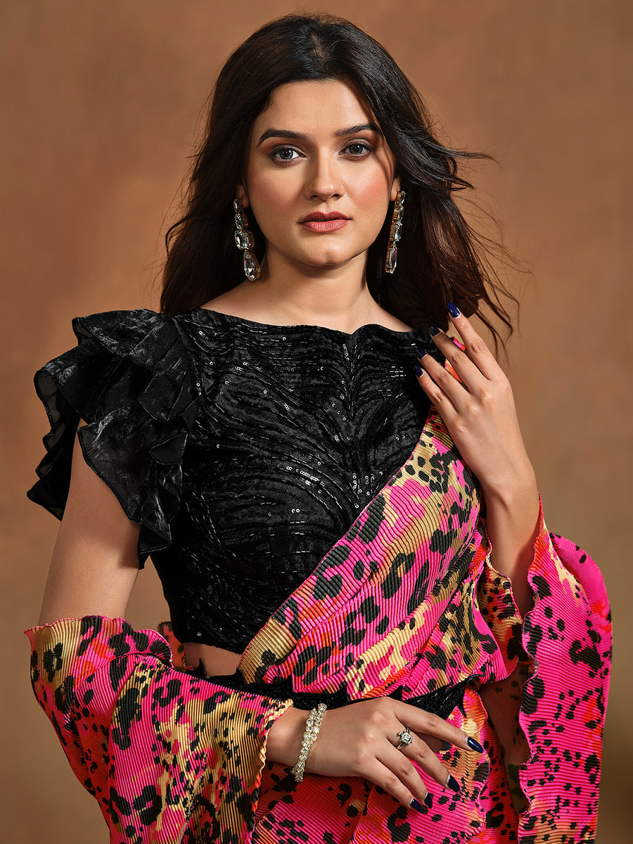 Glowing Pink Satin Silk Printed Ready To Wear Saree Many Kinds Of Online