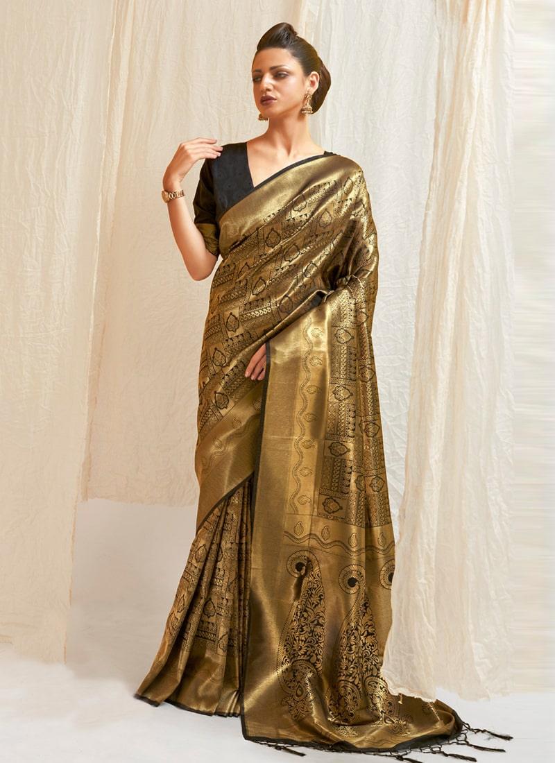 Glorious Look Black Color Silk Base Allover Silk Weave Work Designer Saree Clearance Genuine