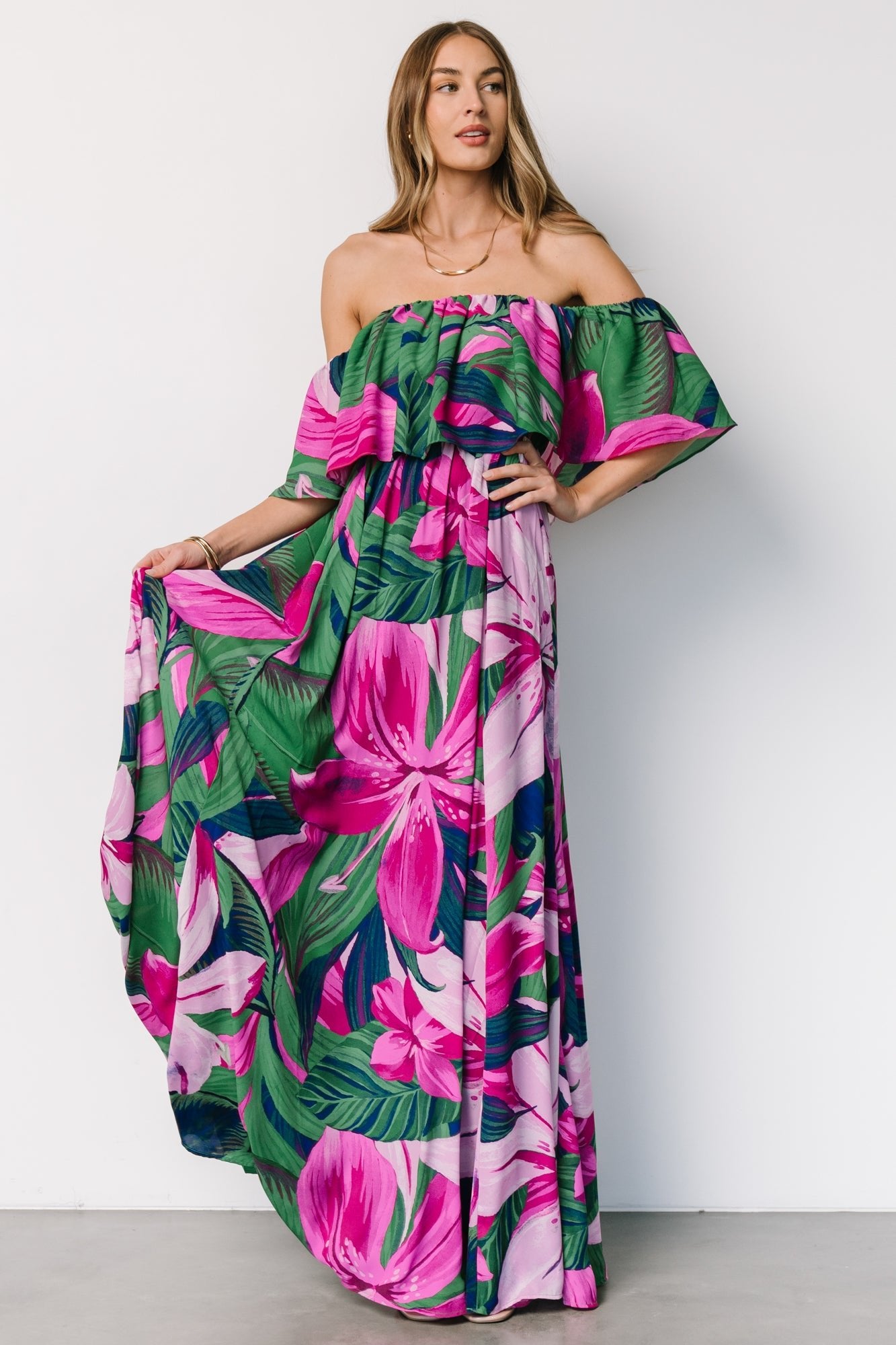 Azalea Off Shoulder Maxi Dress | Green + Fuchsia Floral Cheap Pice Buy Discount