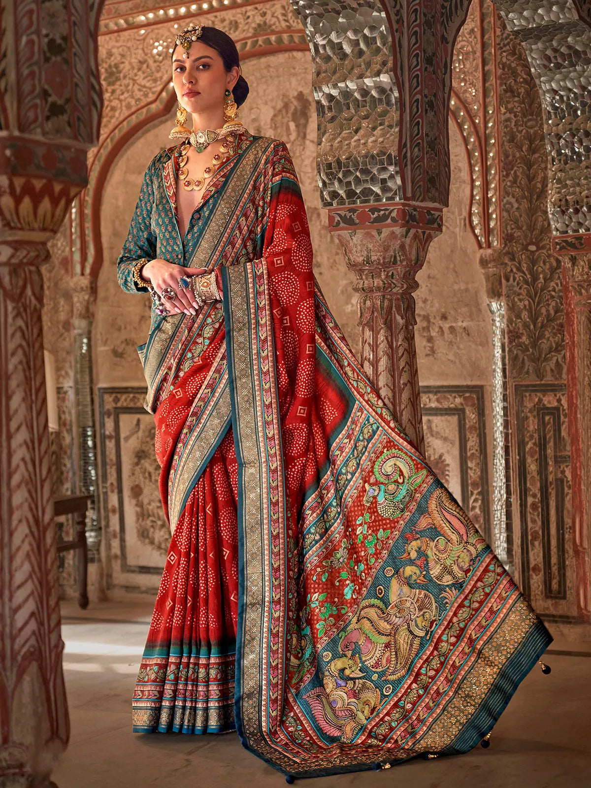 Ravishing Red Designer Rajwadi Printed  Silk Saree Discount Largest Supplier