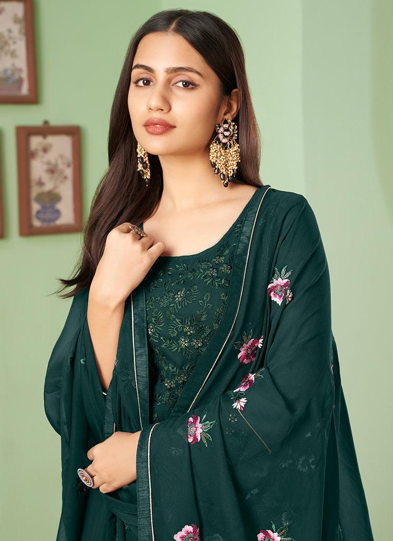 U-Neckline Pine Green Georgette Palazzo Cheap Sale Amazing Pice