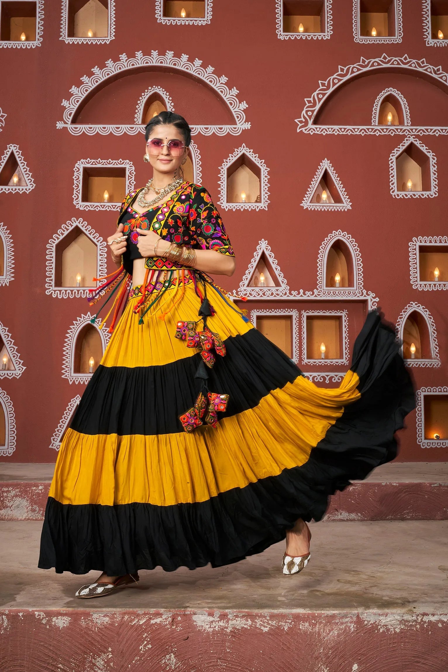 Navratri Wear Multi Colour Embroidered Mirror Worked Jacket Lehenga Set Visit Online