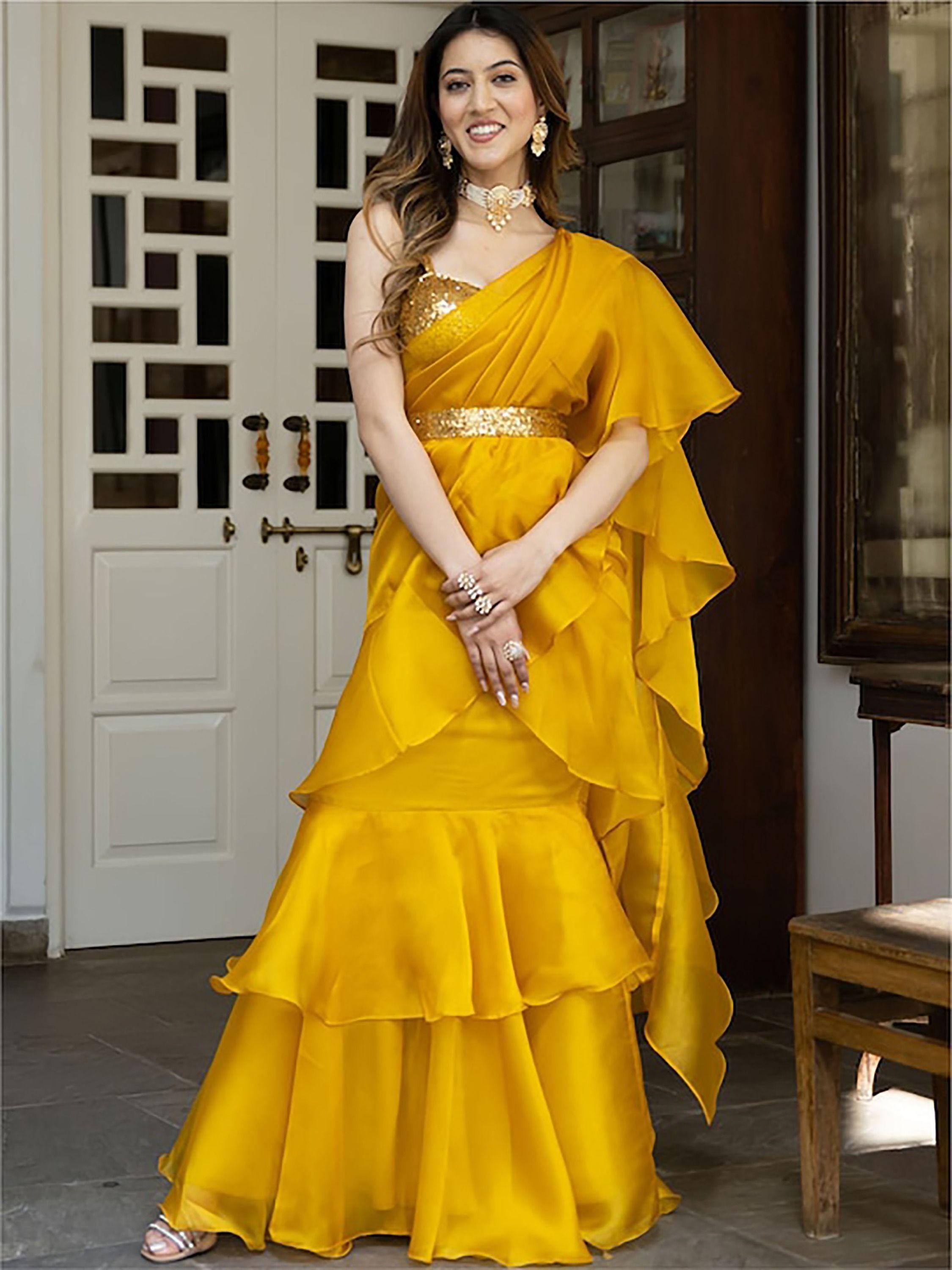 Mustard Yellow Organza Ready-to-wear Ruffle saree Quality From China Wholesale