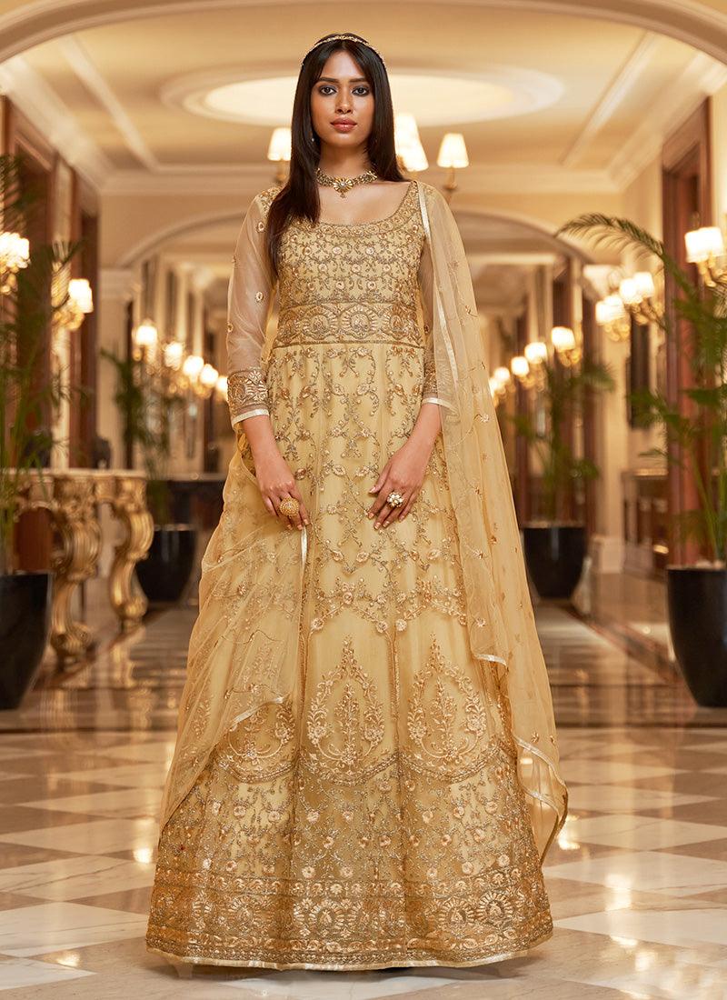 Beige Color Soft Net Fabric Stone And Dori Work Gown Cheap Discounts