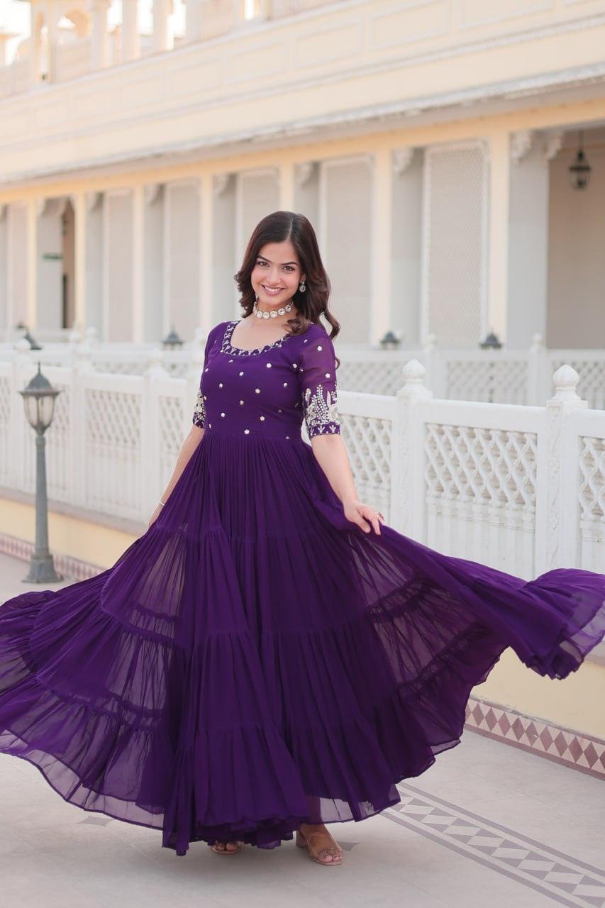 Purple Color Georgette base Embroidered Ruffle Gown 2025 New