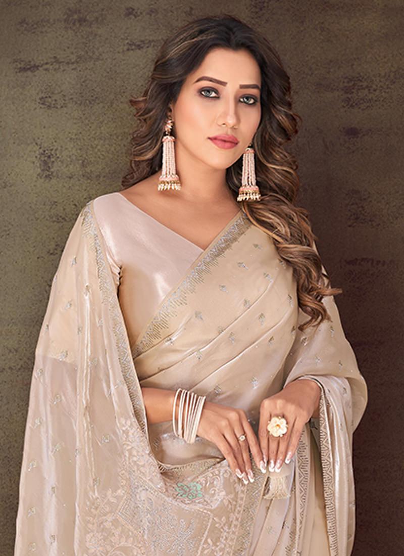 Stone Work Cream Color Classic Saree Cheap From China