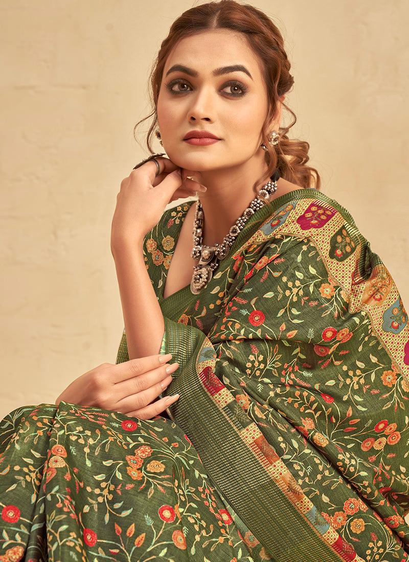 Silk With Digital Print Green Saree Classic Cheap Pice