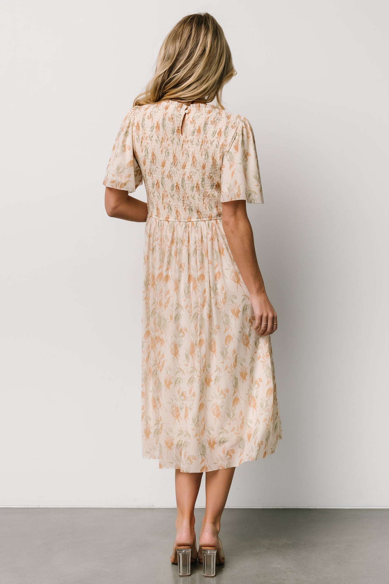 Bailey Smocked Midi Dress | Ivory + Golden Floral Tumblr Cheap Pice