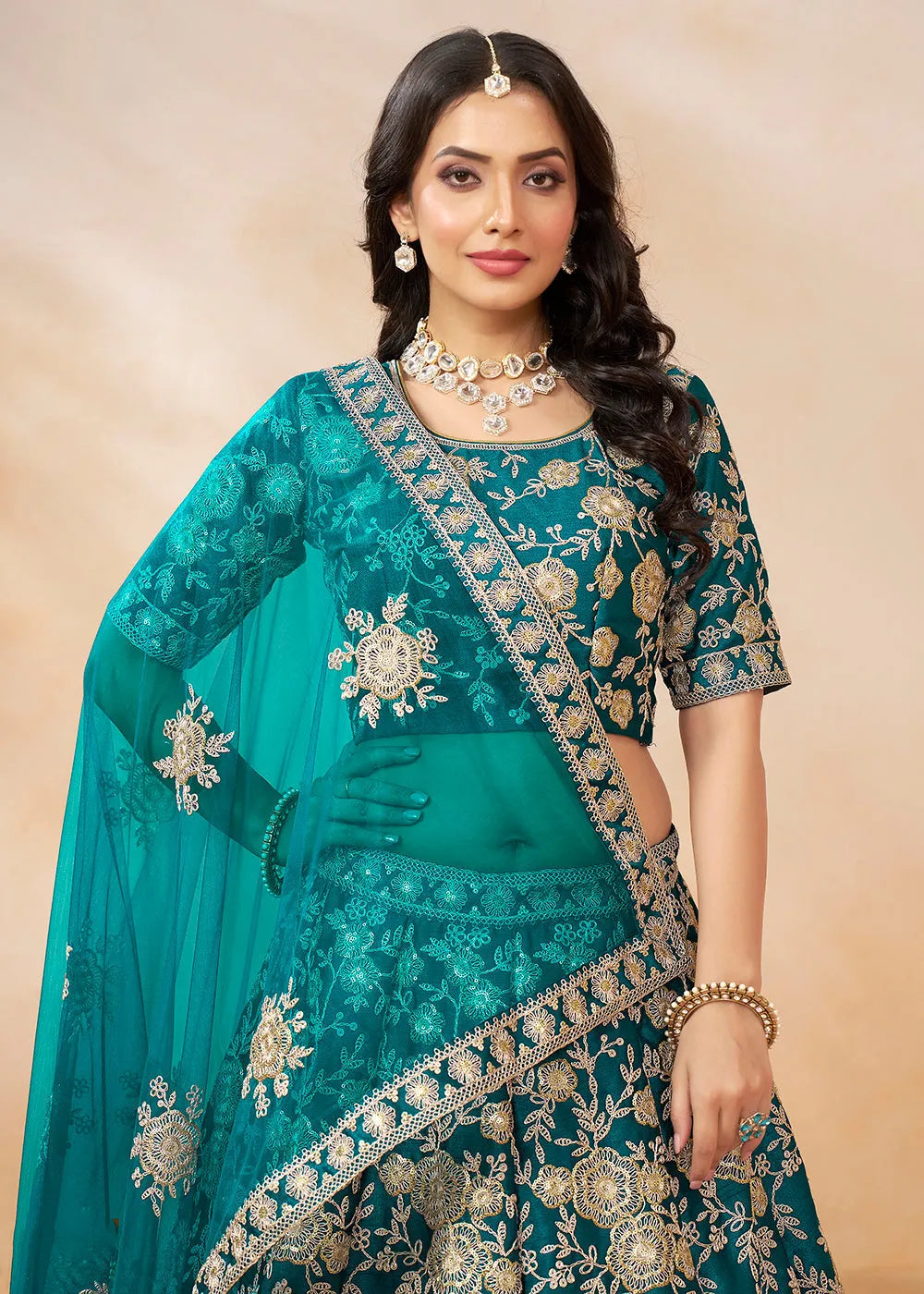 Vibrant Rama Green Embroidered Art Silk Lehenga Choli For Cheap Online