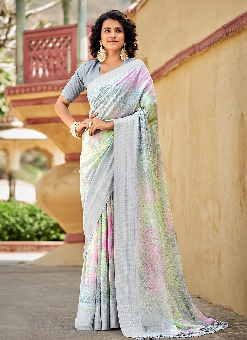 Deep Neckline Light Blue Printed Classic Saree Tumblr Cheap Pice