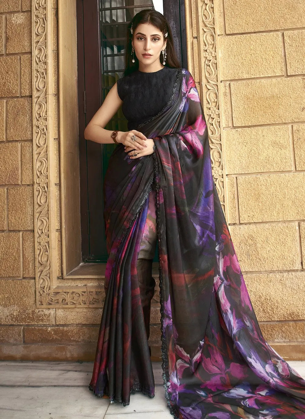 Black Shaded Printed Handworked Partywear Designer Saree Cheap Countdown Package