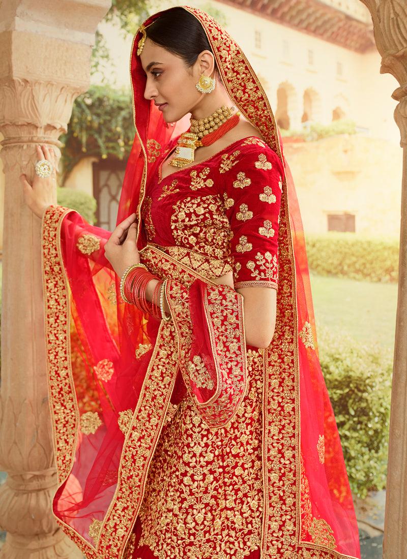 Elegant Red Velvet Base Zari Work Detailed Bridal Lehenga Choli Discount Sale Online