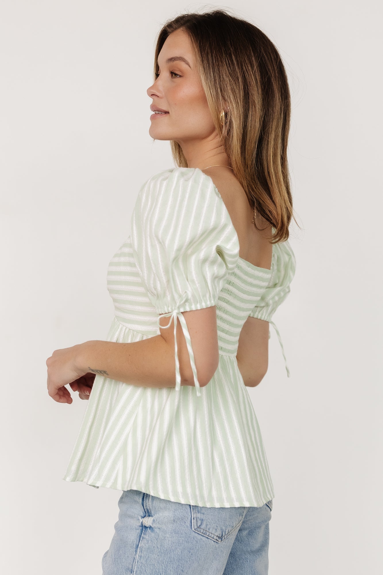 Betsy Peplum Top | Green+ White Stripe Cheap Sale How Much