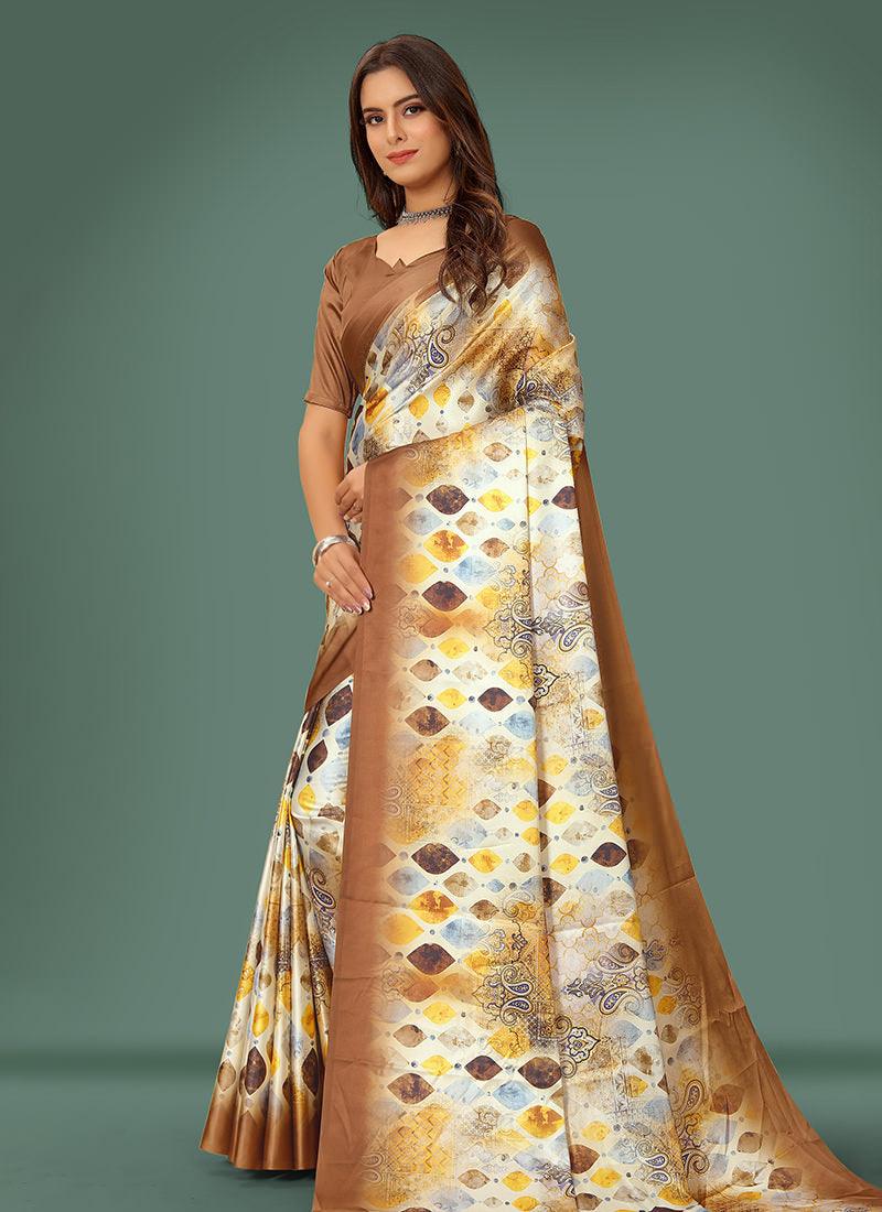 Brown Color Half Sleeves Satin Saree Manchester Great Sale Cheap Pice