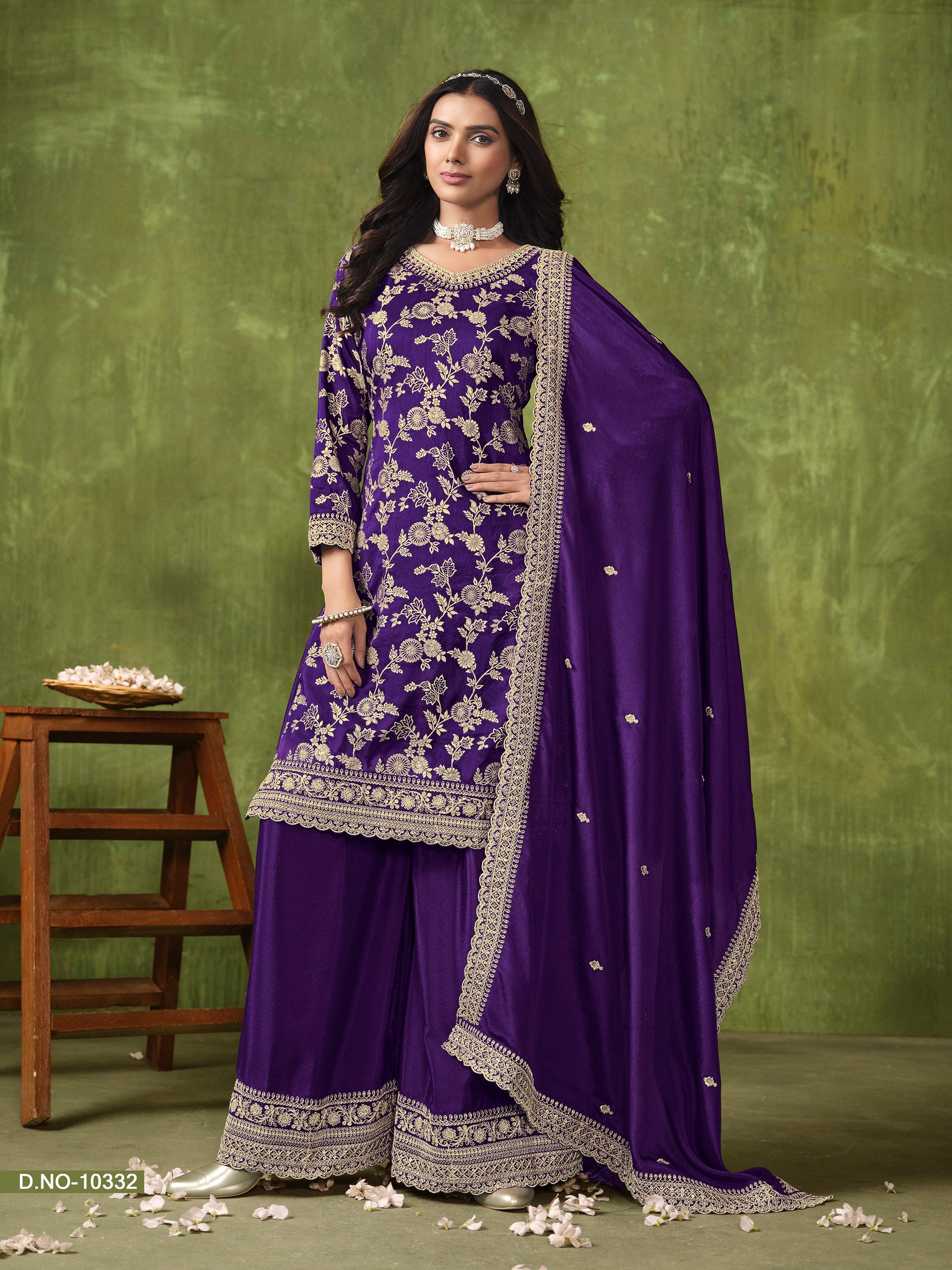 Purple Dola Silk Jacquard Festival Wear Top Palazzo Suit Outlet Official Site