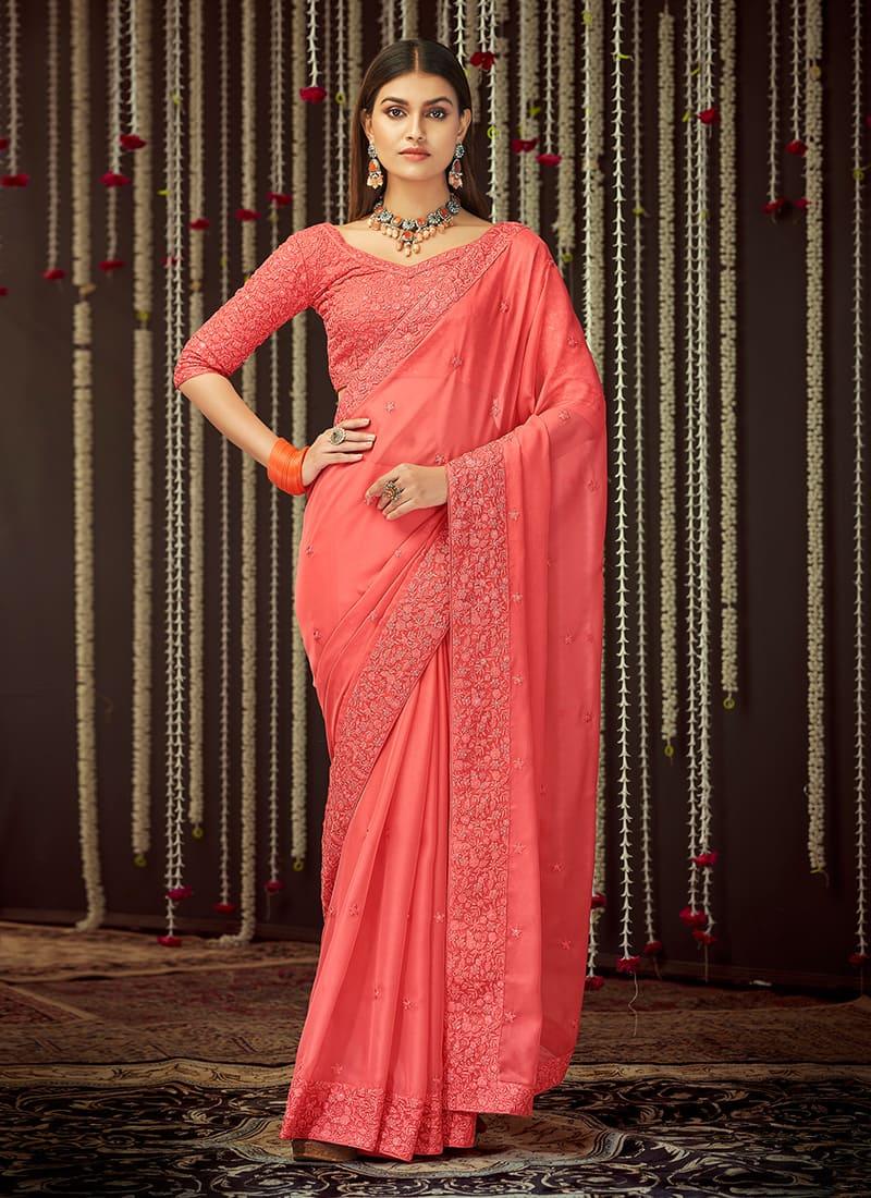 Partywear Peach Color Organza Base Saree With Heavy Work V Neck Blouse Outlet Fashion Style