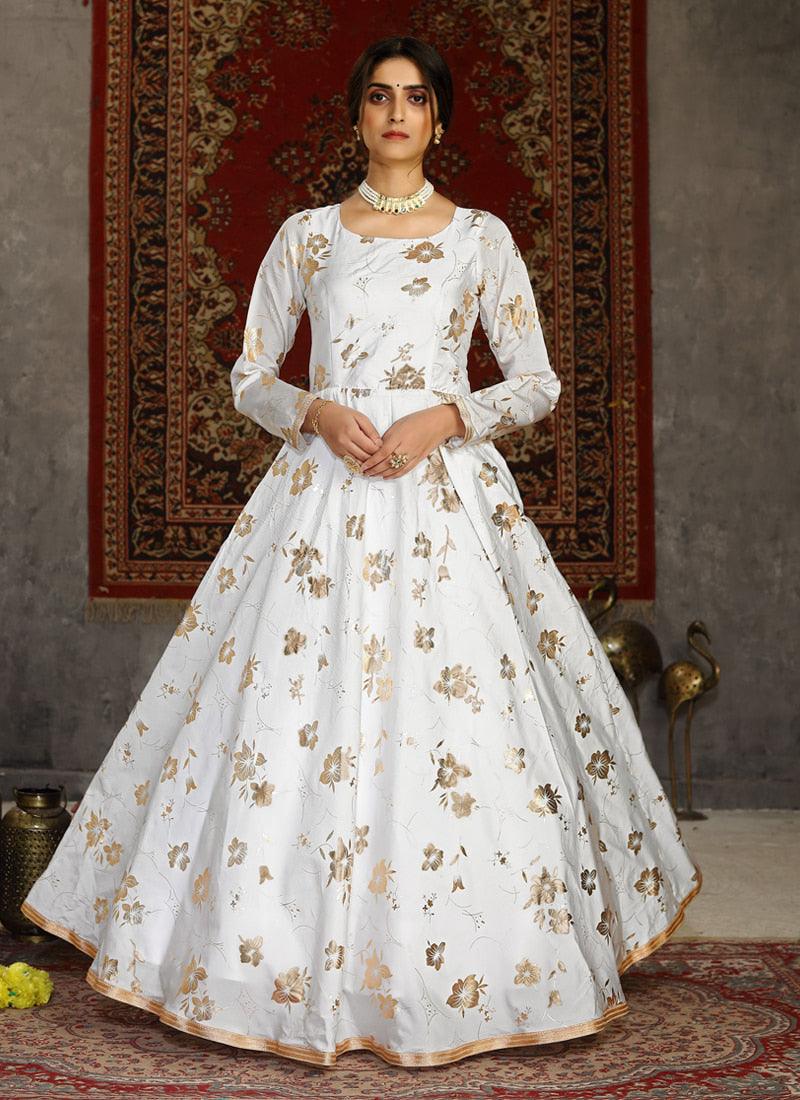 Attractive Taffeta Silk Base White Color Printed Designer Gown Many Kinds Of Cheap Pice