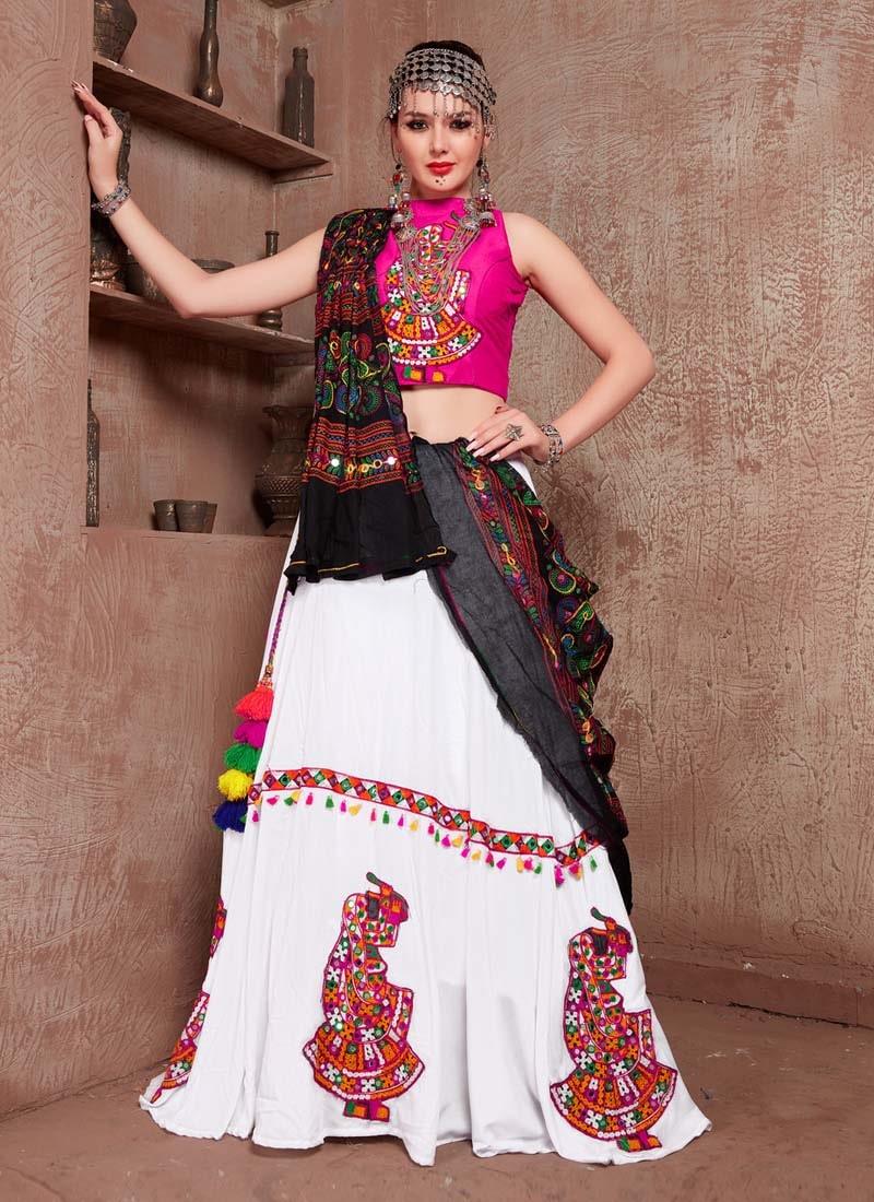 Cotton Base Pink And White Color Mirror Work Navratri Special Lehenga Choli Sale Classic