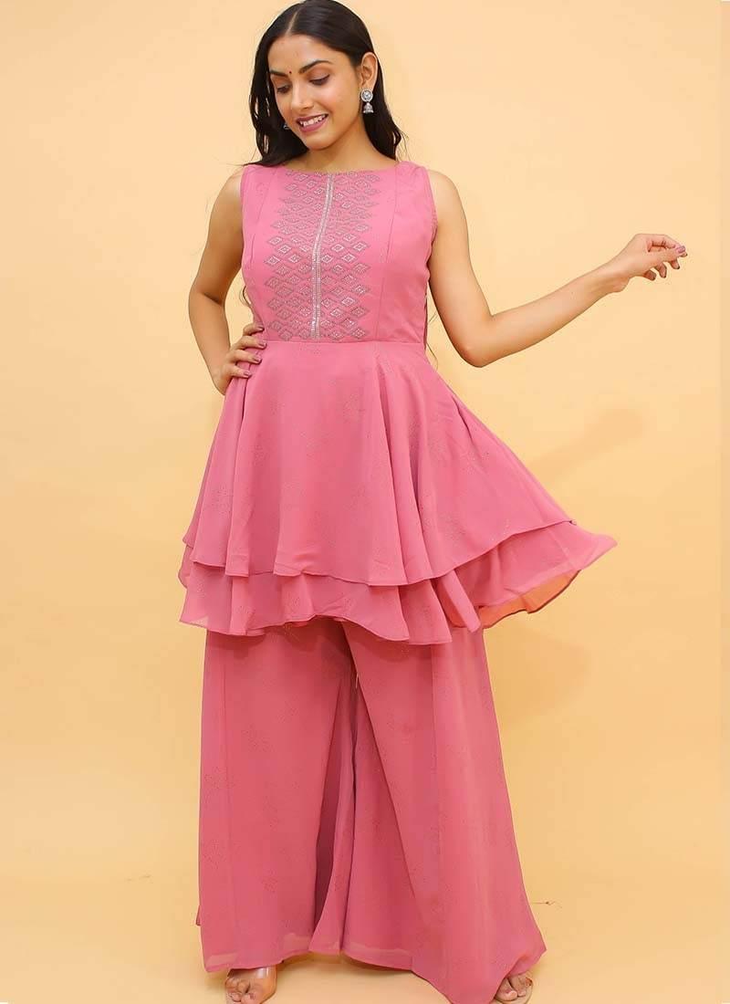 Stone Work Georgette Fabric Pink Color Partywear Palazzo Salwar Kameez Cheap Sale Eastbay