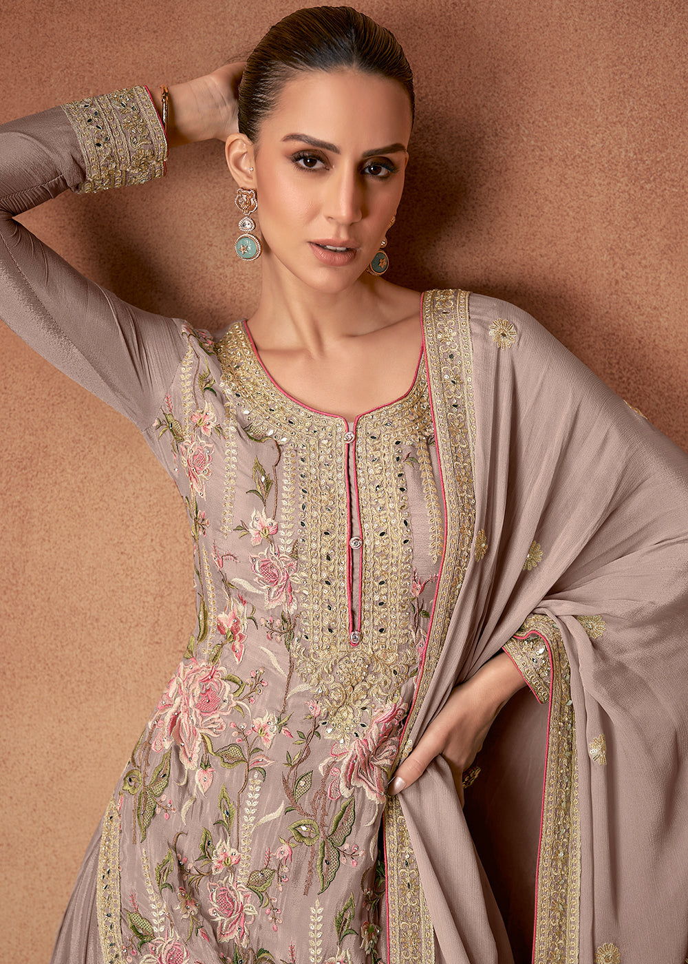 Marvelous Beige Chinon Palazzo Suit Clearance Store Cheap Online