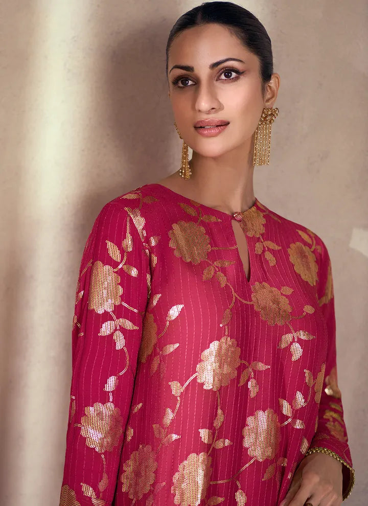 Magenta Premium Silk Sharara Suit with Thread and Sequins Detail Discounts