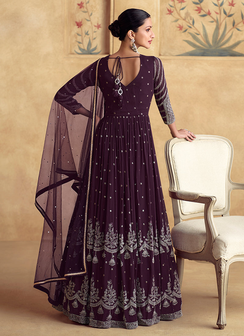 Beautiful Deep Purple Embroidered Georgette Anarkali Gown Discounts