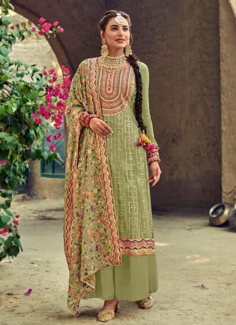 Pleasant Green color Punjabi Suit With Embroidery Georgette Base Free Shipping Limited Edition