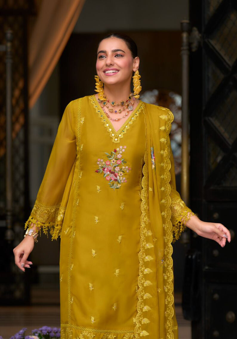 Stunning  Mustard Organza Embroidered Salwar Suit Free Shipping 100% Original