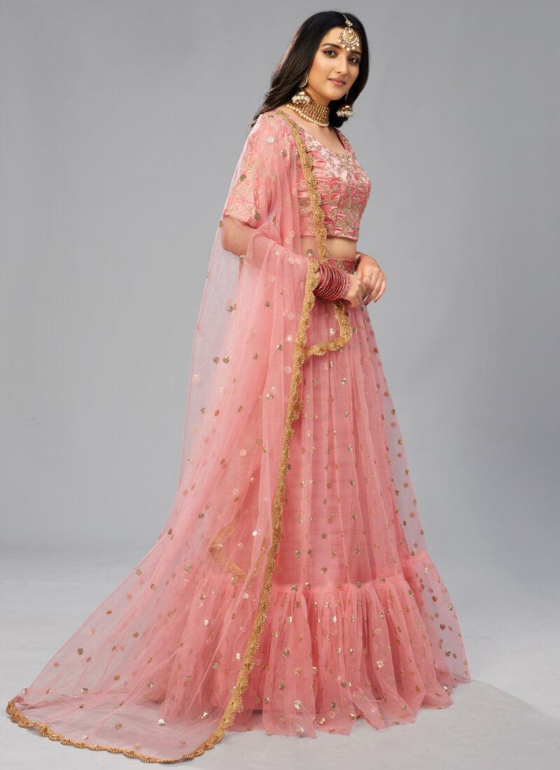 Unbeatable Peach Pink Soft Net Flared Sangeet Wear Lehenga Choli Free Shipping Shop Offer