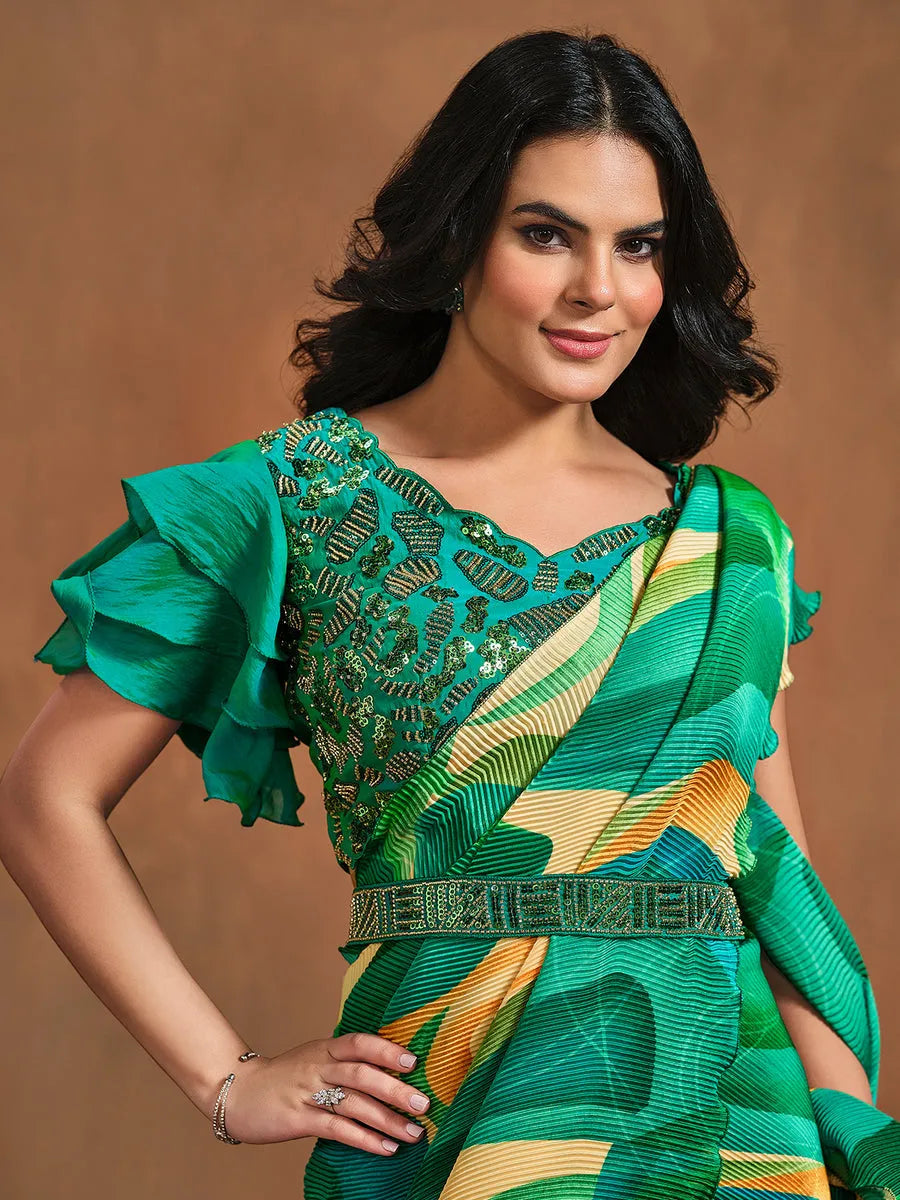 Radiant Green Satin Silk Digital Printed Ready To Wear Saree Pay With Visa Cheap Pice