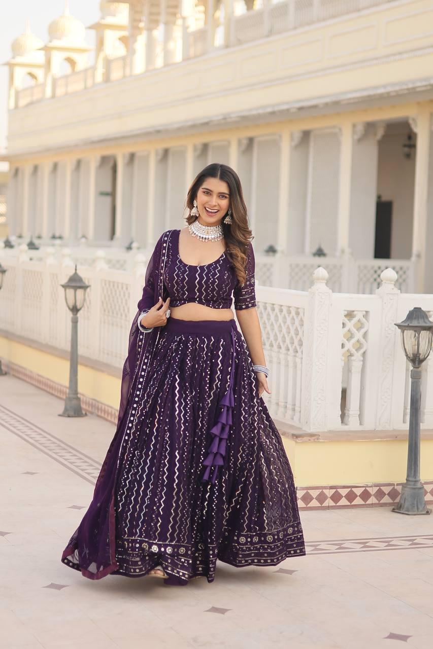 Glamorous Faux Georgette Sequins Thread Worked Lehenga Choli Set Sale Cost