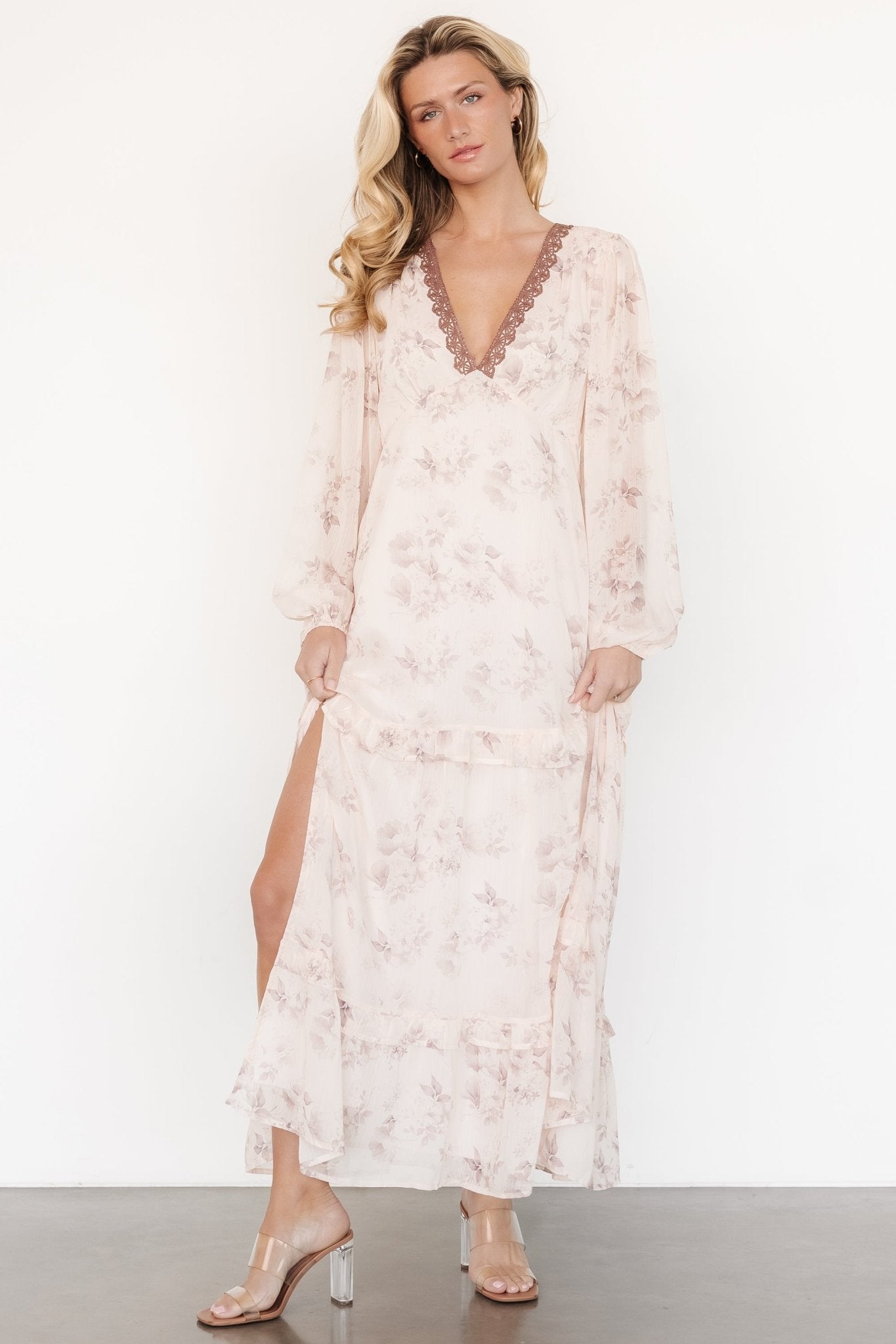 Rumi Deep V Maxi Dress | Beige + Clove Floral Buy Cheap Latest