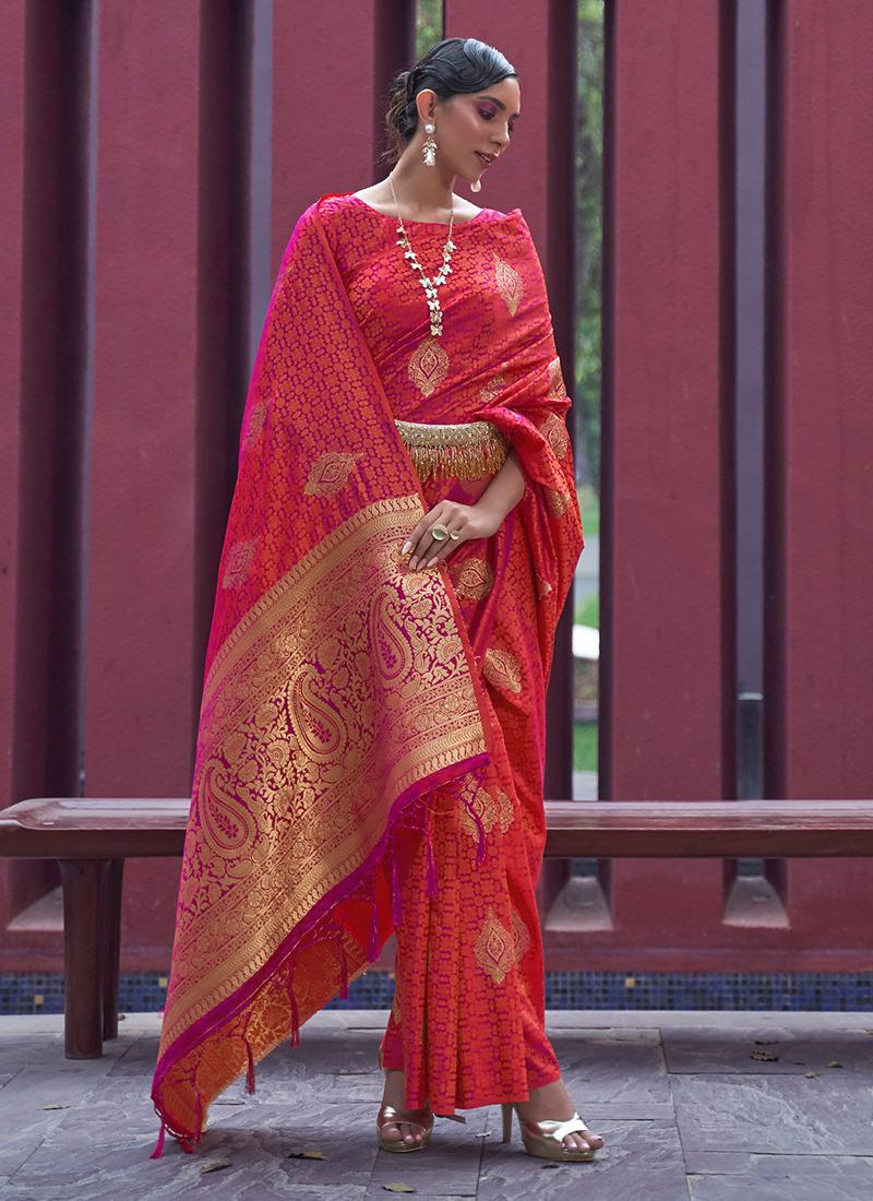 Silk Weaving Orange Satin Classic Saree Wide Range Of Online