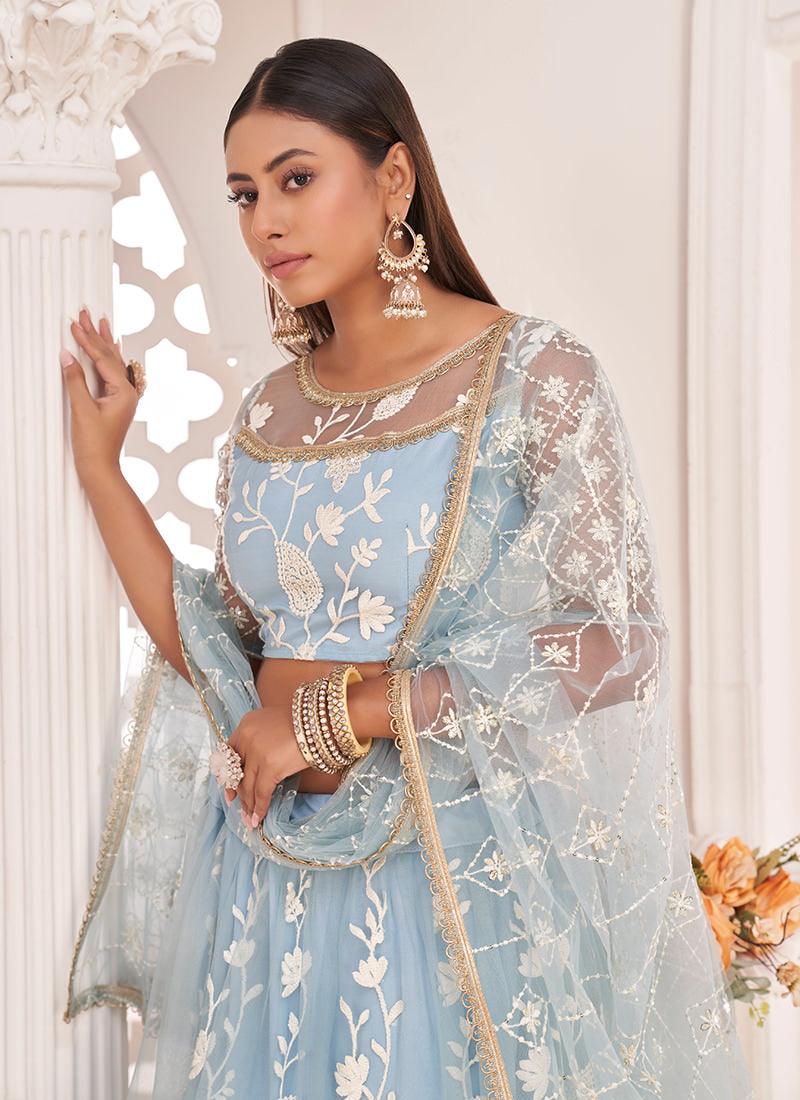 Embroidered Ice Blue Soft Net Lehenga Outlet Largest Supplier