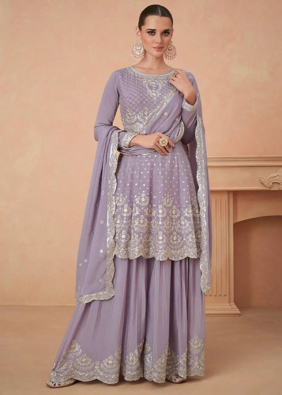 Luxurious Lavender Chinon Embroidered Sharara Suit Free Shipping Online