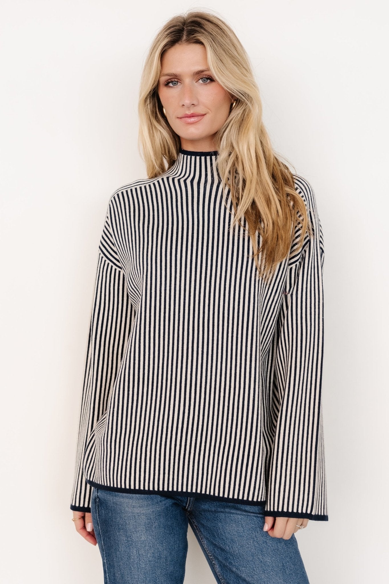 Kat Mock Neck Sweater | Navy Stripe Best Place Cheap Pice