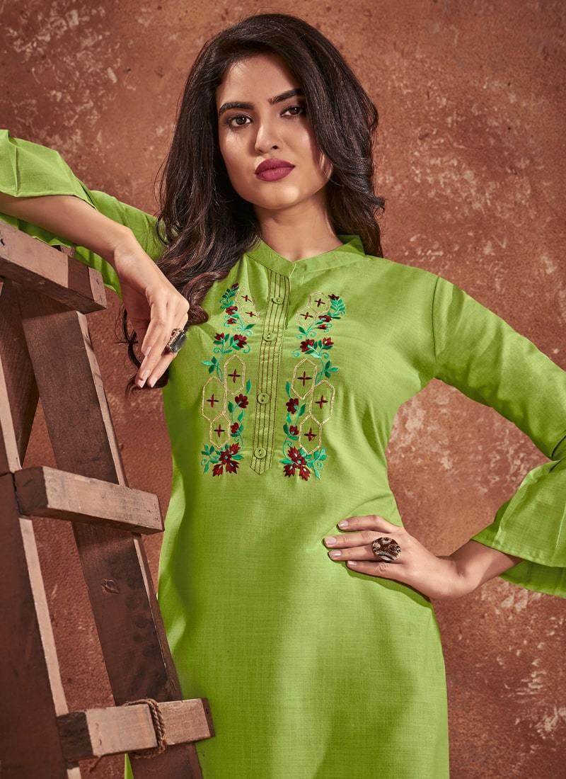 Light Green Color Cotton Base Embroidered Balloon Sleeves Kurti New Styles For Sale