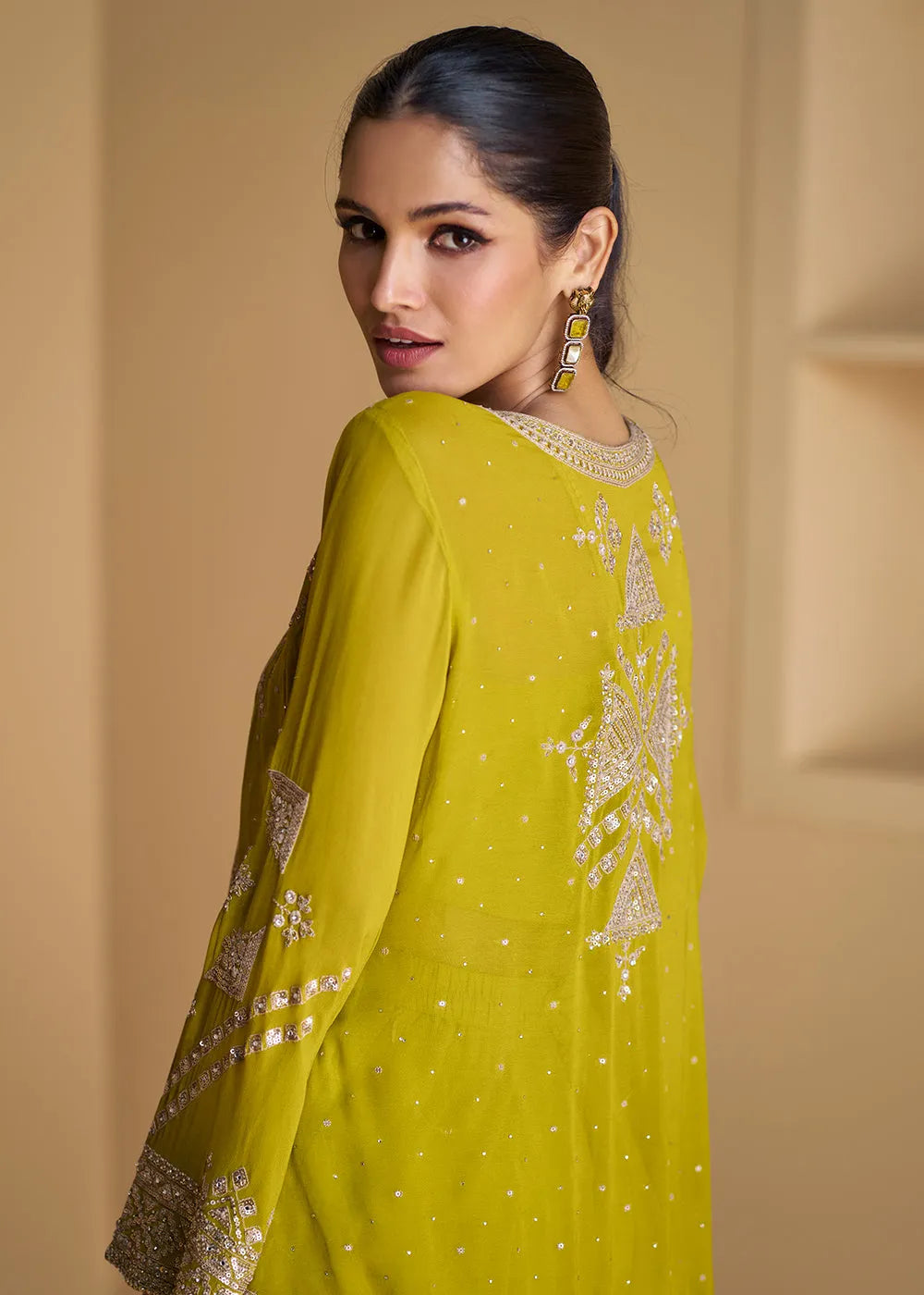 Chartreuse Green Georgette Top Palazzo Suit With Embroidered Jacket Genuine Cheap Online