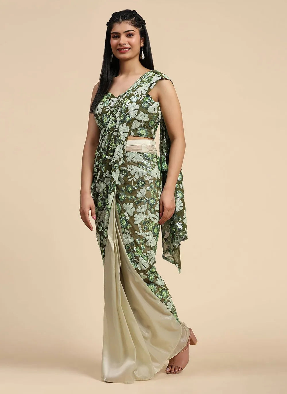 Thistle Green Floral Printed Partywear Ready To Wear Saree Buy Cheap Order