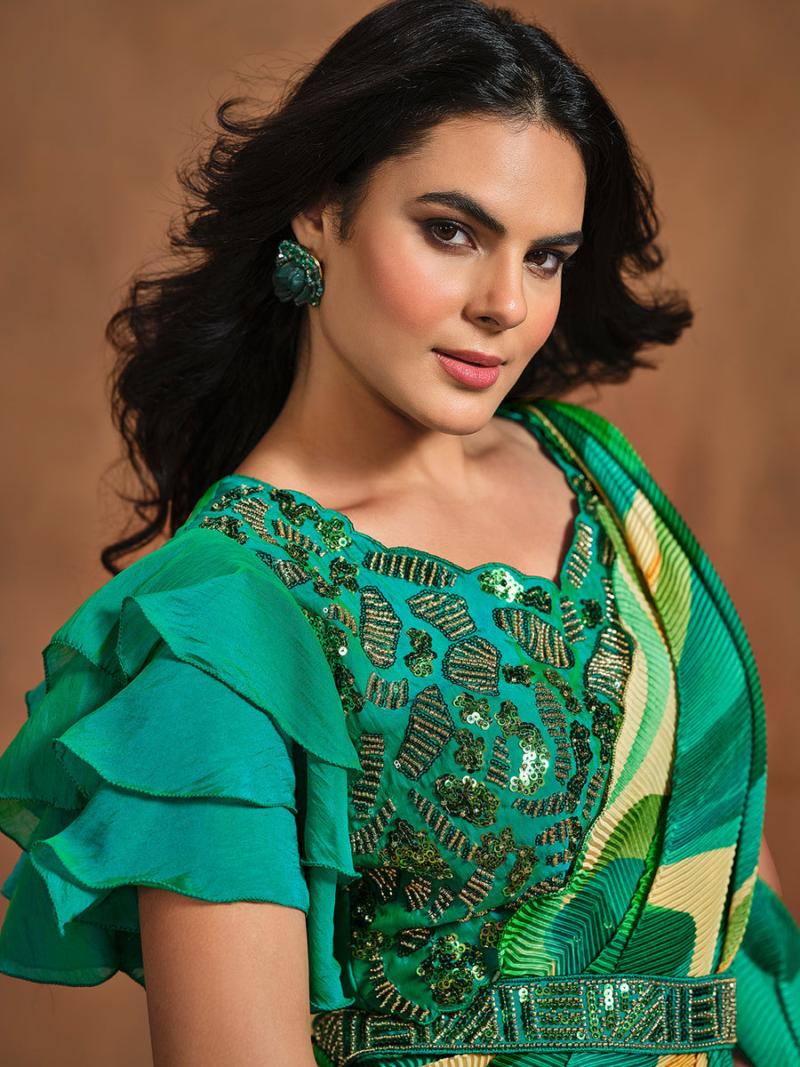 Radiant Green Satin Silk Digital Printed Ready To Wear Saree Free Shipping Popular