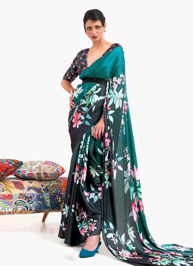 Splendid Look Teal Green Color Crepe Material Printed Floral Saree Best