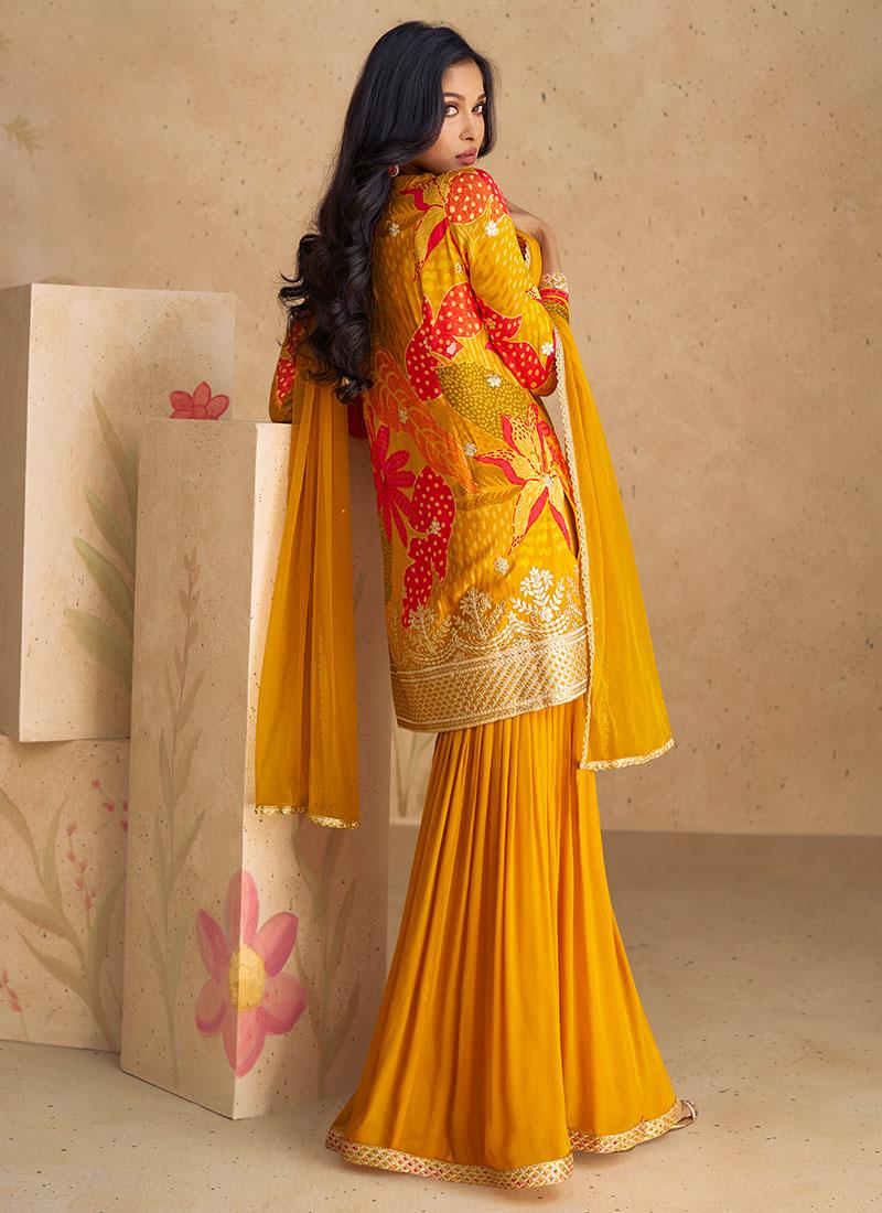 Mustard Yellow Floral Digital Printed Embroidered Top Sharara Suit Discount From China