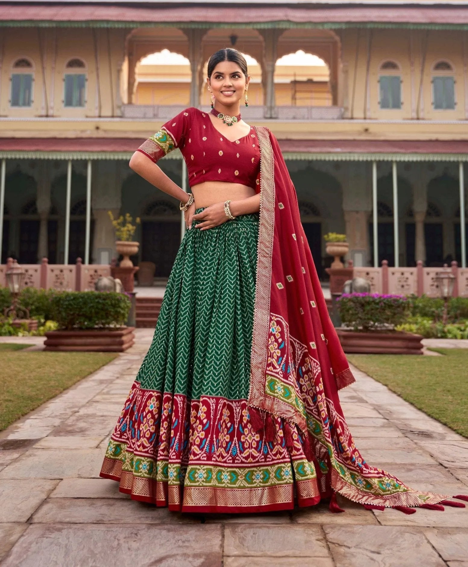 Gorgeous Green Tussar Silk Patola Printed Lehenga Choli For Sale Free Shipping