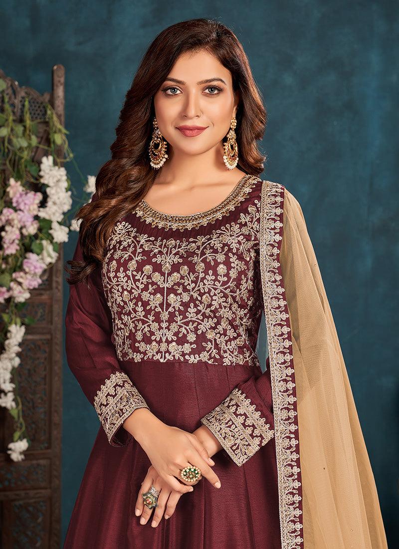 Maroon Color Art Silk Base Dori Work Gown With Net Dupatta Low Cost Online