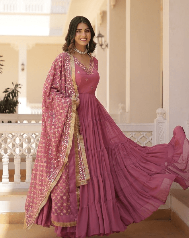 Brown Georgette readymade ruffled gown with dupatta Buy Cheap Manchester