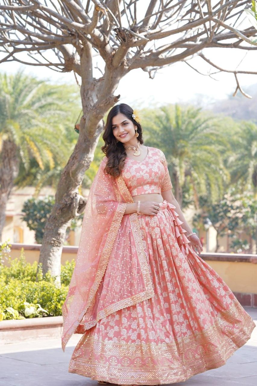 Amazing Viscous Jacquard Heavy Sequins Embroidered Lehenga Choli Set Online Online Free Shipping