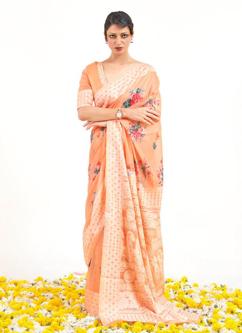 Entrancing Look Orange Color Silk Weaving Floral Print Saree Discount Pices