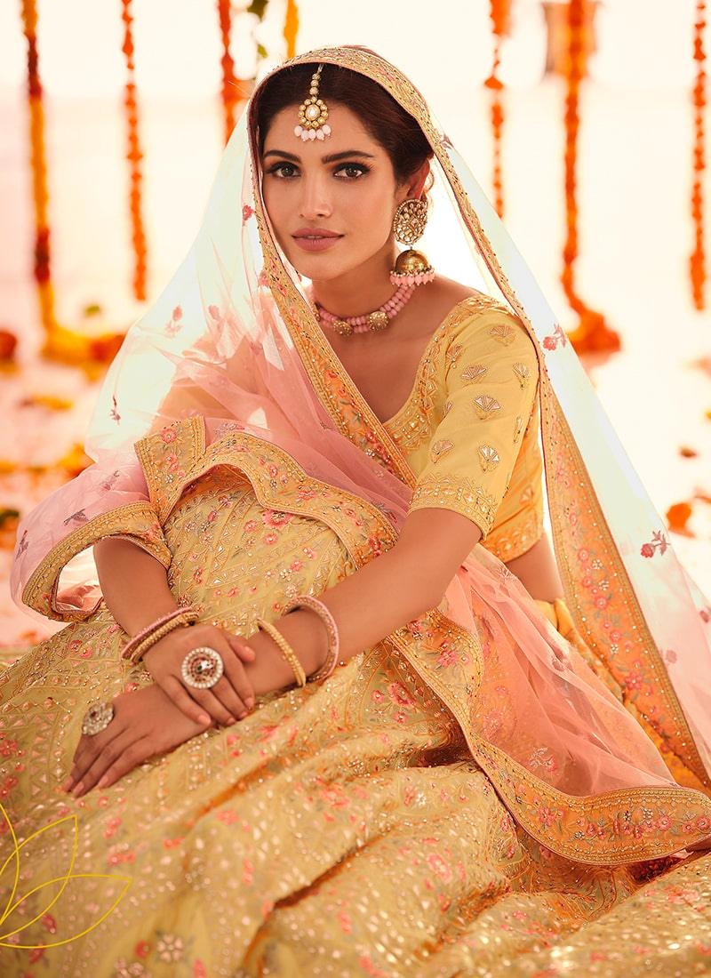 Elegant Yellow Color Organza Fabric Gota And Stone Work Lehenga Best Place To Buy