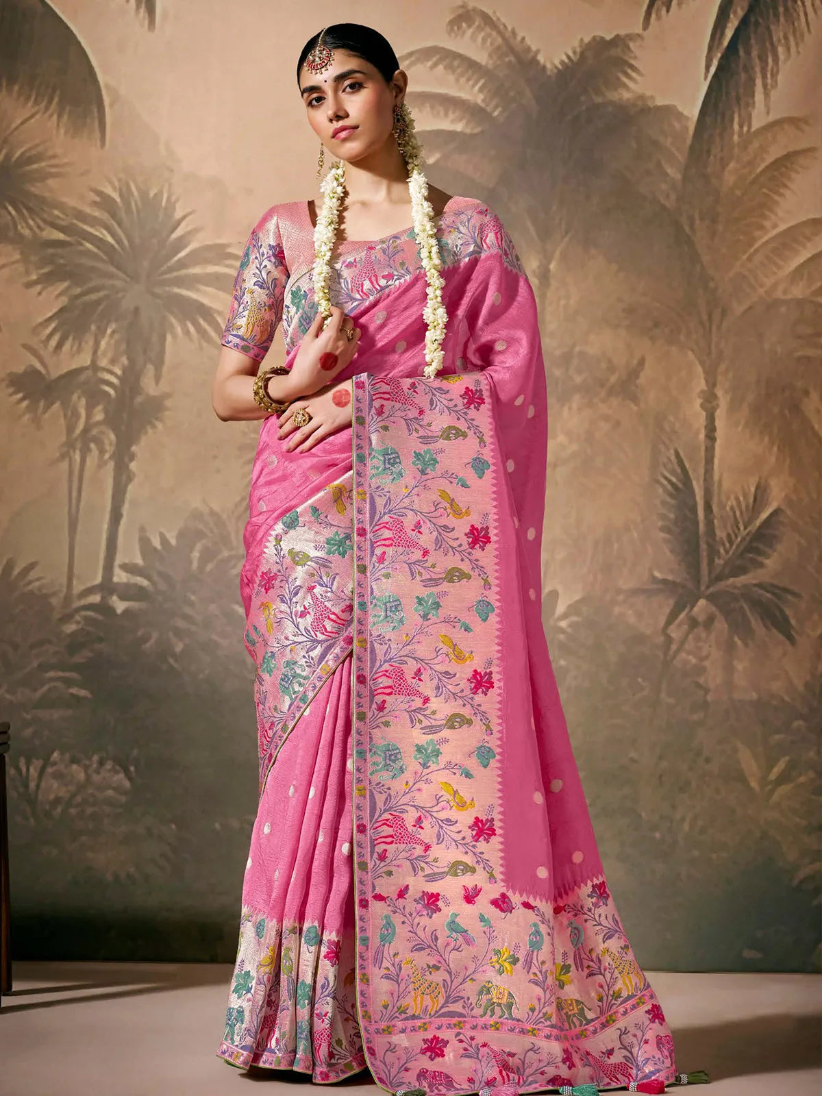 Peerless Pink Paithani Banarasi Silk Saree with Floral Motifs 2025 New For Sale