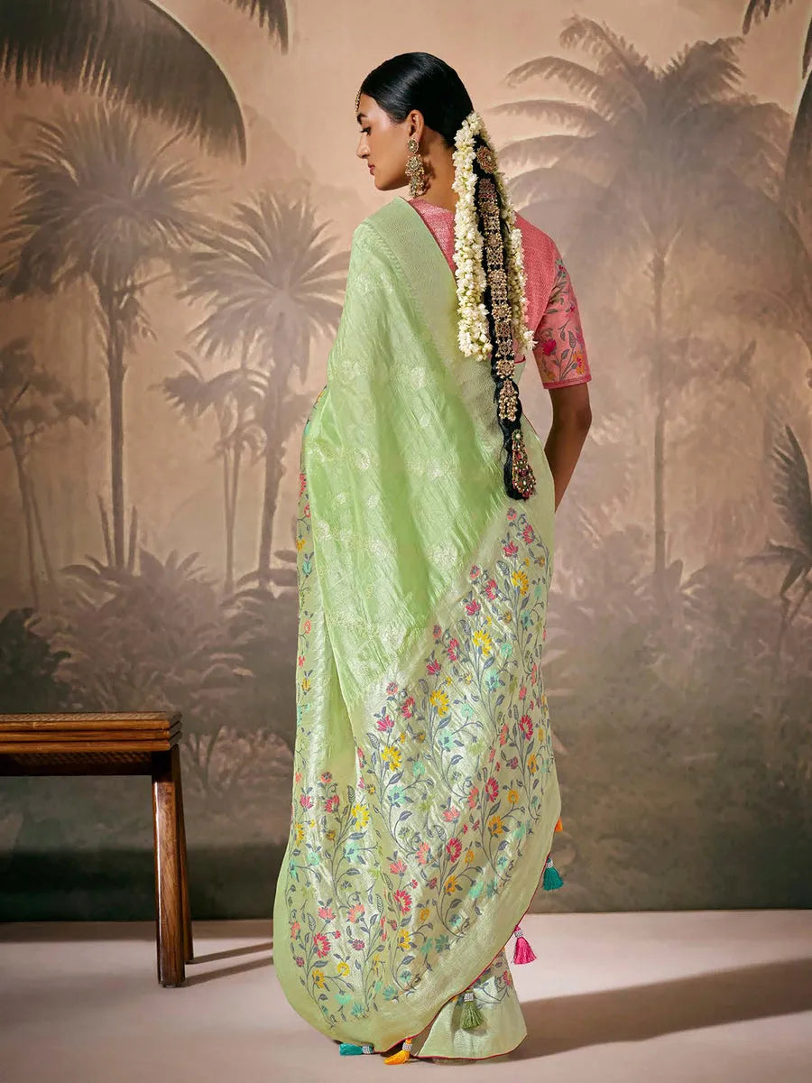 Pristine Pista Green Paithani Banarasi Silk Saree with Floral Motifs Outlet Official